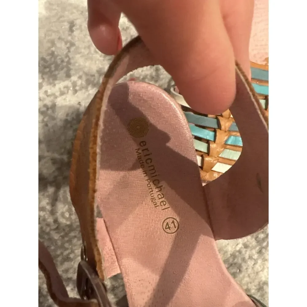 Eric michael Leather Woven Sandles Brown White Aqua And Pink Size 41